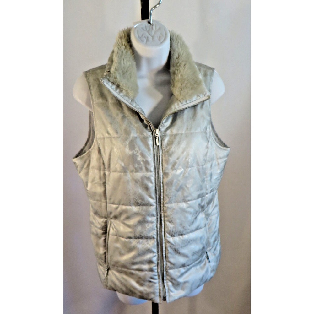 Womens Chicos Nylon Blend Puffer Vest w/ Faux Fur Collar Gray Size 0 Small
